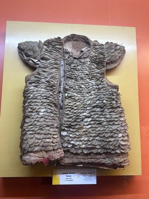 An 18th-century South Indian armour made of fish scales, displayed at the Kelkar Museum
